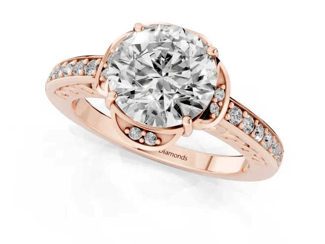 Round Cut Diamond Halo Ring Set in Rose gold with Channel Set Band and Prong Setting – second view