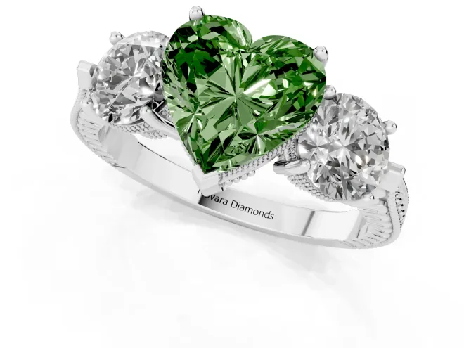 Fancy Green Heart Cut Diamond Three-Stone Ring Set in Silver with Milgrain Band – second view