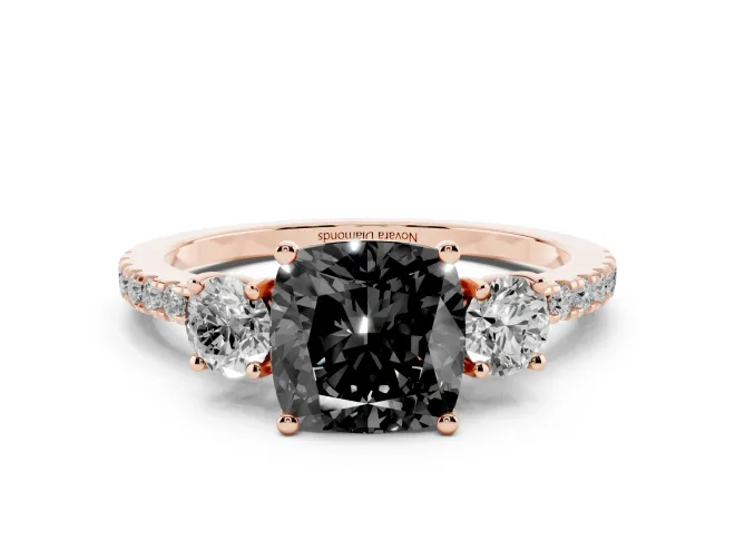Cushion Cut Three Stone Engagement Ring Setting for a Black Center | Pavé Shoulders | Rose Gold