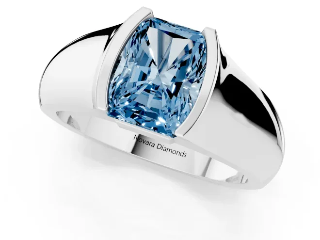 Fancy Blue Radiant Cut Diamond Bezel Solitaire Ring Set in Silver with Wide Band – second view
