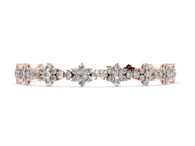 Round Lab-Grown Diamond Floral Cluster Tennis Bracelet | Flower Motif Links | Rose Gold