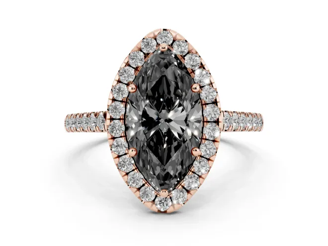 Fancy Black Marquise Cut Diamond Halo Pavé Engagement Ring Set in Rose gold with Prong Setting
