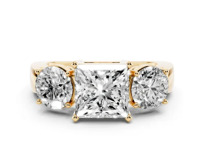 Princess Cut Diamond Three-Stone Ring Set in Yellow gold with Round Side Stones and Classic Band
