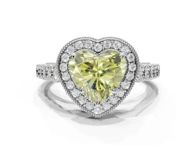 Heart-Shaped Graduated Milgrain Halo Engagement Ring Setting for a Fancy Yellow Lab-Grown Diamond | White Gold