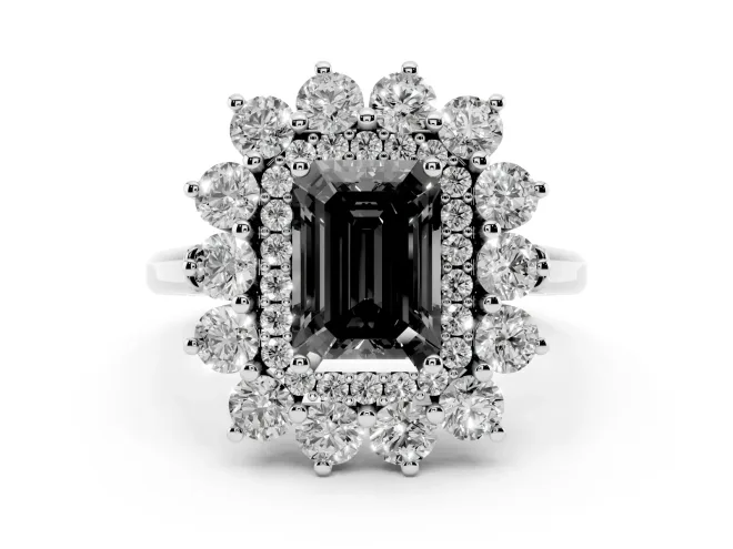 Fancy Black Emerald Cut Diamond Floral Double Halo Ring Set in White gold with Round Petals
