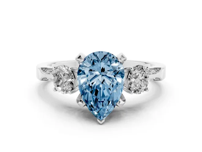 Fancy Blue Pear Cut Diamond Three-Stone Ring Set in Silver with Pavé Band and Smaller Side Stones