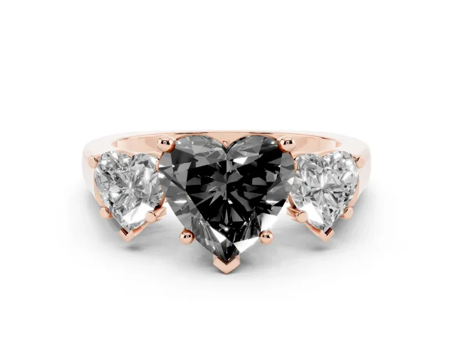 Heart-Shaped Three Stone Engagement Ring Setting for a Black Center | Plain Squared Band | Rose Gold