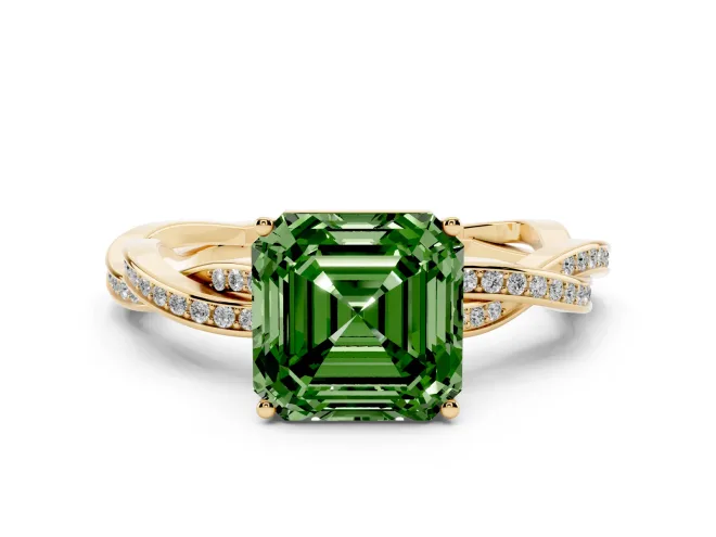 Asscher Cut Twisted Pavé Solitaire Engagement Ring Setting for a Fancy Green Lab-Grown Diamond | Yellow Gold