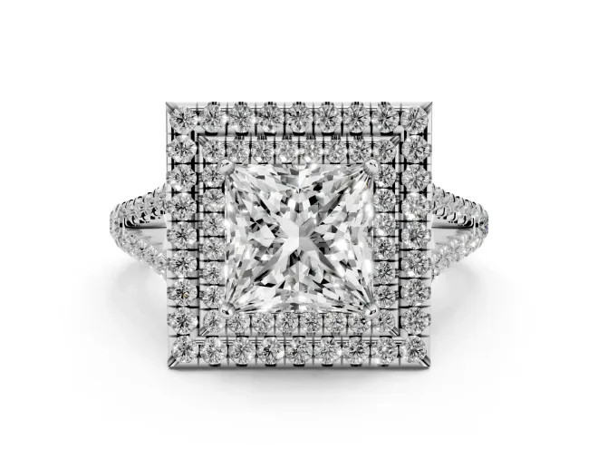Princess Cut Diamond Double Halo Ring Set in White gold with Pavé Band