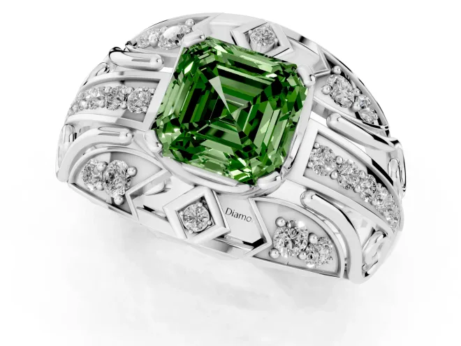 Fancy Green Asscher Cut Diamond Art Deco Ring Set in White gold with Pavé Split Shank – second view