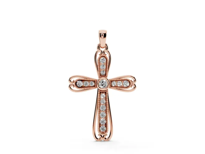 Round Lab-Grown Diamond Bezel Milgrain Cross Pendant Necklace | Scrolled Outline | Rose Gold