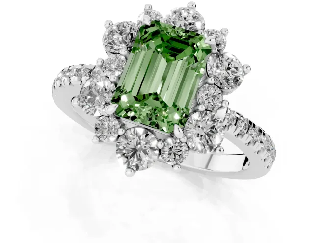 Fancy Green Emerald Cut Diamond Floral Halo Ring Set in White gold with Round Pavé Band and Prong Setting – second view