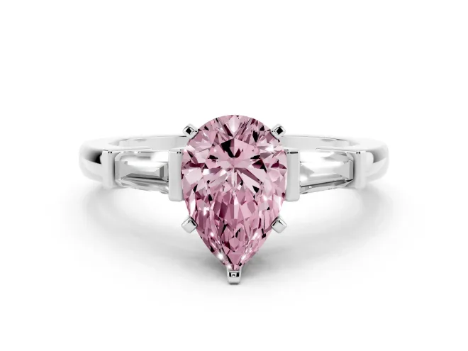 Pear-Shaped Three-Stone Engagement Ring Setting for a Fancy Pink Lab-Grown Diamond | Tapered Baguettes | White Gold
