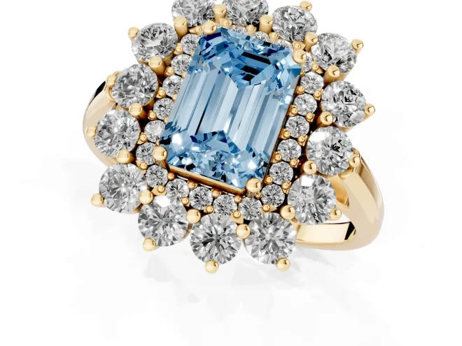 Fancy Blue Emerald Cut Diamond Floral Double Halo Ring Set in Yellow gold with Round Petals – second view