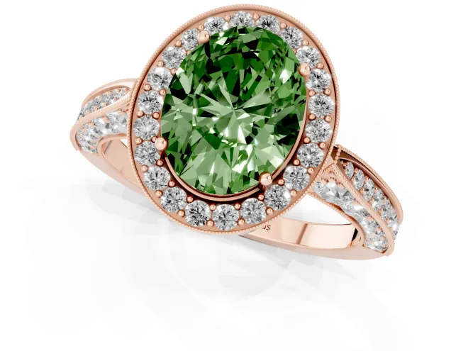 Fancy Green Oval Cut Diamond Halo Engagement Ring Set in Rose gold with Accent Split Shank Band – second view