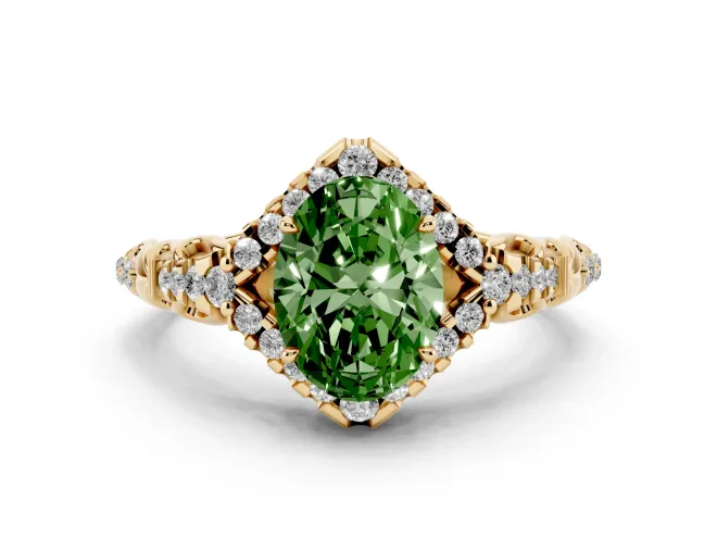 Oval Hidden Halo Filigree Engagement Ring Setting for a Fancy Green Lab-Grown Diamond | Yellow Gold
