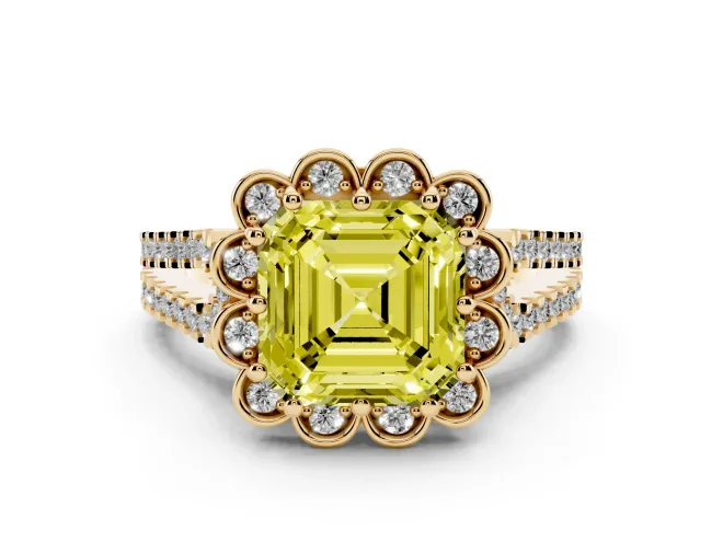 Asscher Cut Floral Halo Engagement Ring Setting for a Fancy Yellow Lab-Grown Diamond | Pavé Split Shank | Yellow Gold