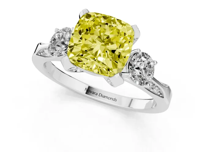 Fancy Yellow Cushion Cut Diamond Three-Stone Ring Set in White gold with Pavé Band and Smaller Side Stones – second view