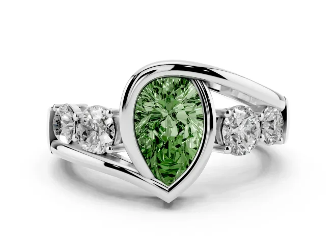 Fancy Green Pear Cut Diamond Bezel Bypass Ring Set in Silver with Round Accents