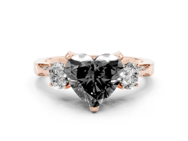 Heart-Shaped Hidden Halo Three Stone Engagement Ring Setting for a Black Center | Rose Gold