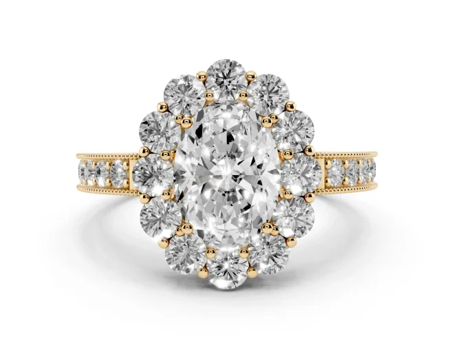 Oval Cut Diamond Halo Pavé Engagement Ring Set in Yellow gold with Milgrain Detailing