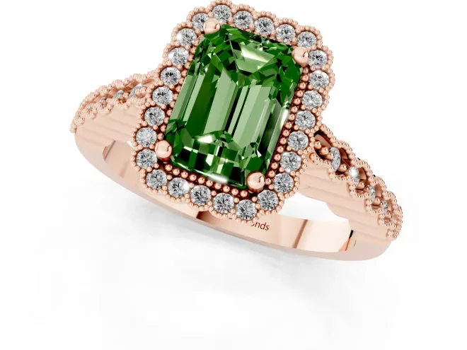 Fancy Green Radiant Cut Diamond Halo Ring Set in Rose gold with Pavé Milgrain Band – second view