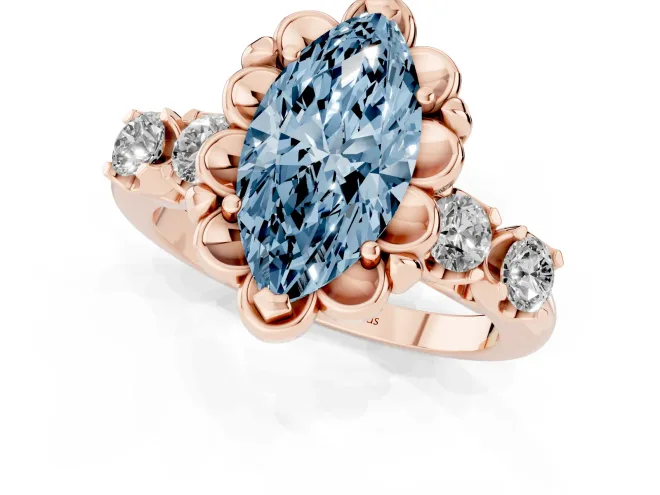 Fancy Blue Marquise Cut Diamond Floral Halo Ring Set in Rose gold with Shared Prong Band – second view
