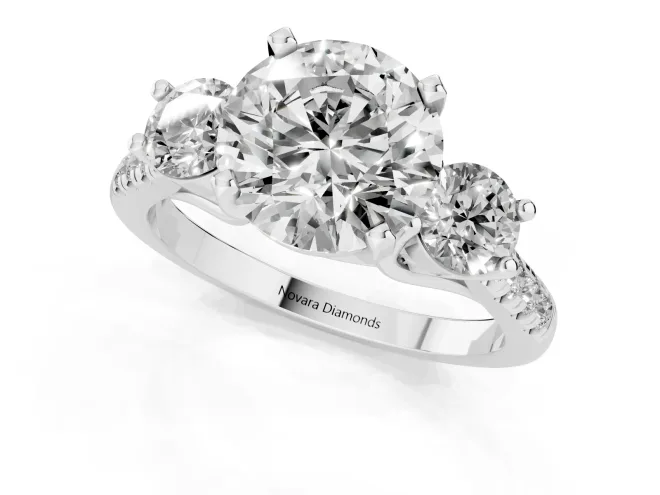 Three-Stone Round Cut Diamond Pavé Band Ring Set in White gold with Prong-Set Trio – second view
