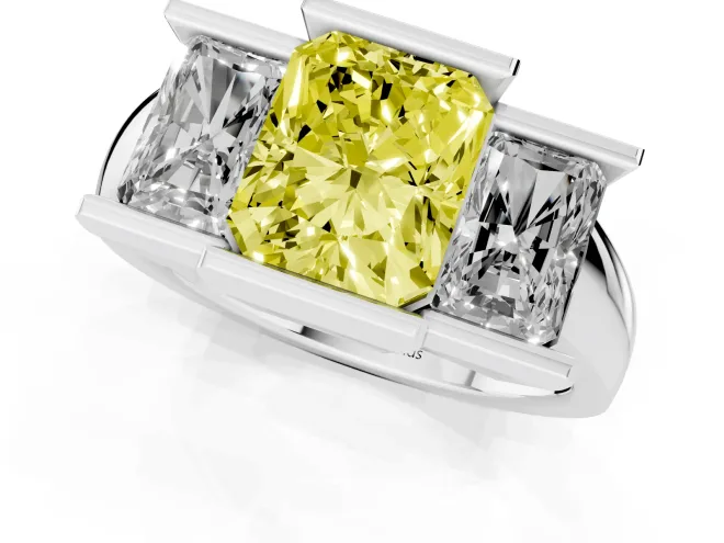 Fancy Yellow Radiant Cut Diamond Three-Stone Channel Set Ring Set in White gold with Smooth Polished Band – second view