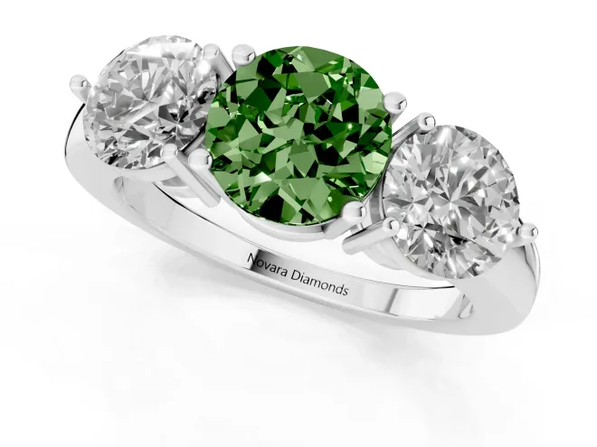 Fancy Green Round Cut Diamond Three-Stone Ring Set in Platinum with Prong Setting and Plain Band – second view