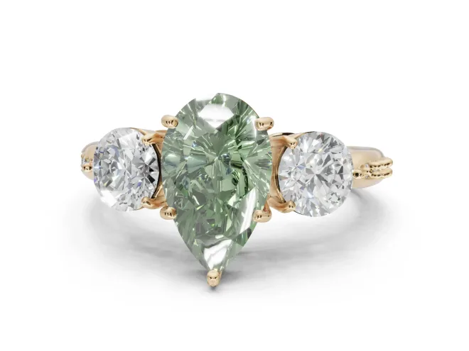 Pear-Shaped Three Stone Engagement Ring Setting for a Fancy Green Lab-Grown Diamond | Tapered Pavé Band | Yellow Gold