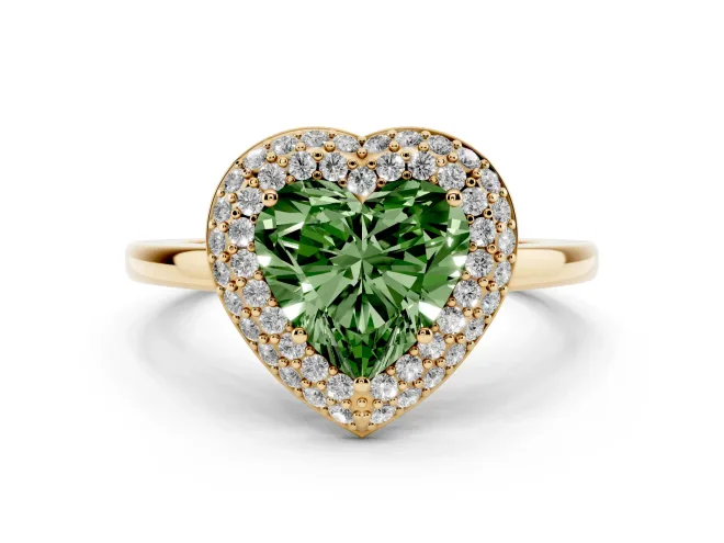 Heart-Shaped Pavé Halo Engagement Ring Setting for a Fancy Green Lab-Grown Diamond | Slim Plain Band | Yellow Gold