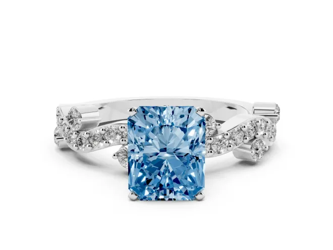 Radiant Cut Twisted Pavé Engagement Ring Setting for a Fancy Blue Lab-Grown Diamond | Bar Stations | Sterling Silver