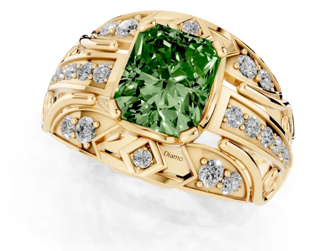Fancy Green Radiant Cut Diamond Art Deco Ring Set in Yellow gold with Pavé Split Shank – second view