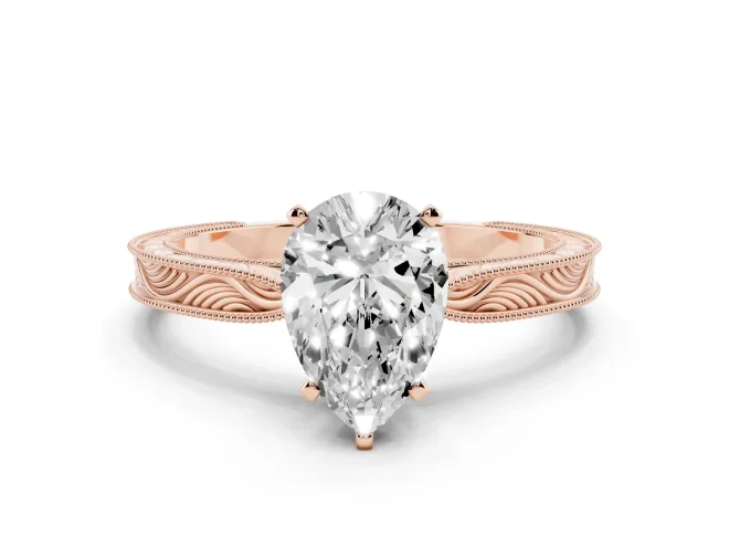 Pear-Shaped Engraved Solitaire Engagement Ring Setting | Milgrain Edges | Rose Gold