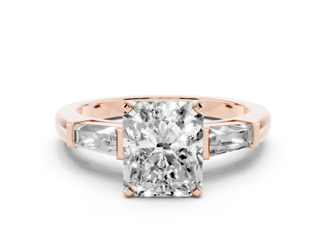 Radiant Cut Three Stone Engagement Ring Setting | Tapered Baguettes | Rose Gold