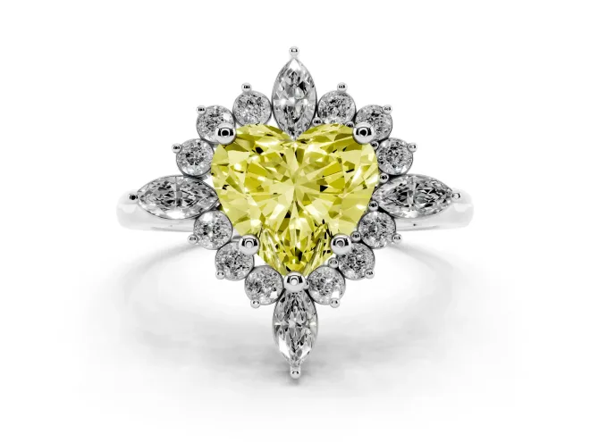 Fancy Yellow Heart Cut Diamond Cluster Halo Ring Set in Platinum with Marquise and Round Accents