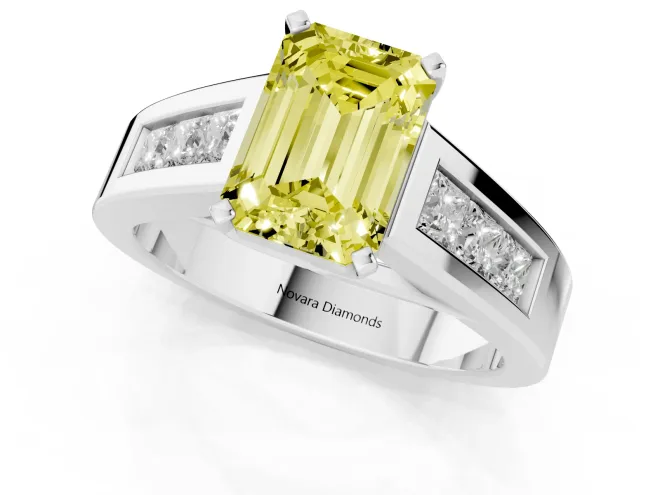 Fancy Yellow Emerald Cut Diamond Solitaire Ring Set in Platinum with Channel-Set Accent Stones and Prong Setting – second view