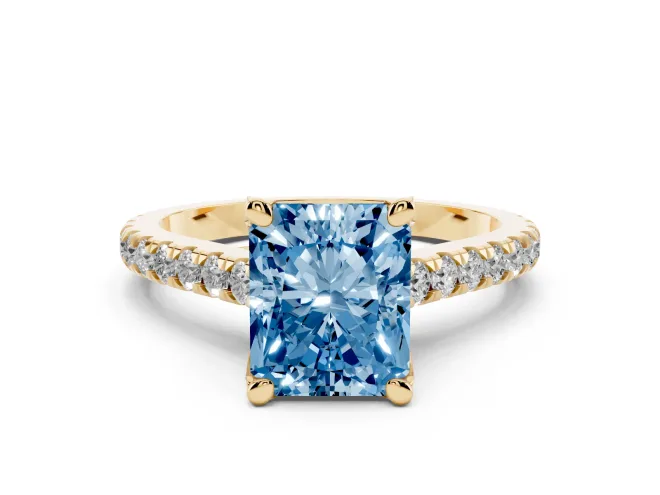 Radiant Cut Hidden Halo Pavé Engagement Ring Setting for a Fancy Blue Lab-Grown Diamond | Claw Prongs | Yellow Gold