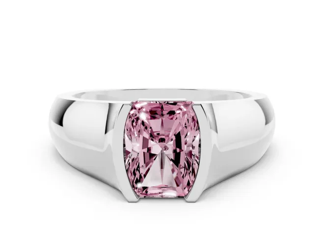Fancy Pink Radiant Cut Diamond Bezel Solitaire Ring Set in Silver with Wide Band