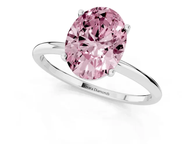 Fancy Pink Oval Cut Diamond Solitaire Engagement Ring Set in Platinum with Thin Band and Prong Setting – second view