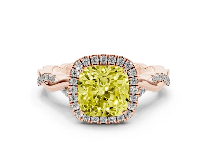 Cushion Cut Twist Halo Engagement Ring Setting for a Fancy Yellow Lab-Grown Diamond | Rose Gold