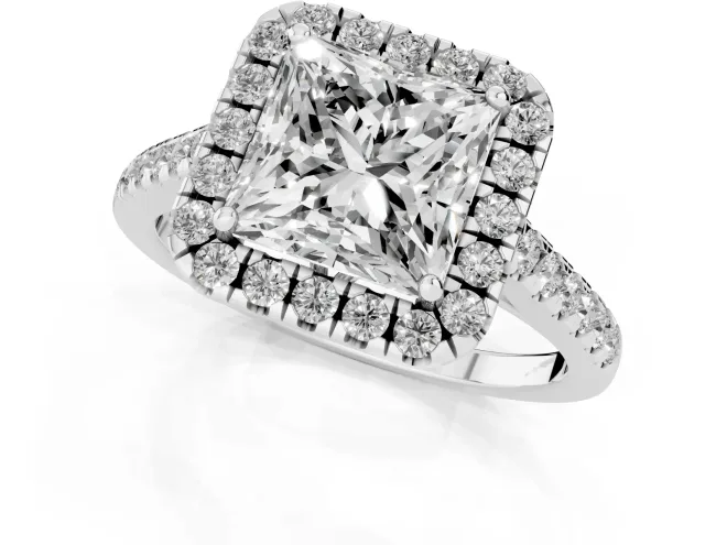 Princess Cut Diamond Pavé Halo Engagement Ring Set in White gold with Pavé Band and Prong Setting – second view
