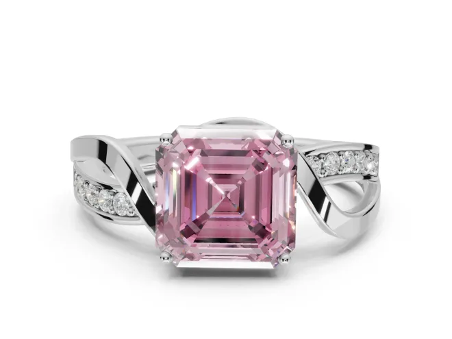Asscher Cut Bypass Solitaire Engagement Ring Setting for a Fancy Pink Lab-Grown Diamond | Pavé Strands | White Gold