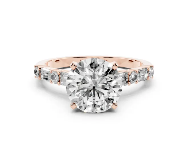 Round Baguette Side Stone Engagement Ring Setting | Alternating Accents | Rose Gold
