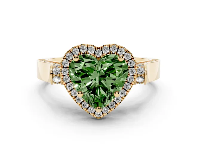 Fancy Green Heart Cut Diamond Halo Ring Set in Yellow gold with Twist Band and Pavé Accents