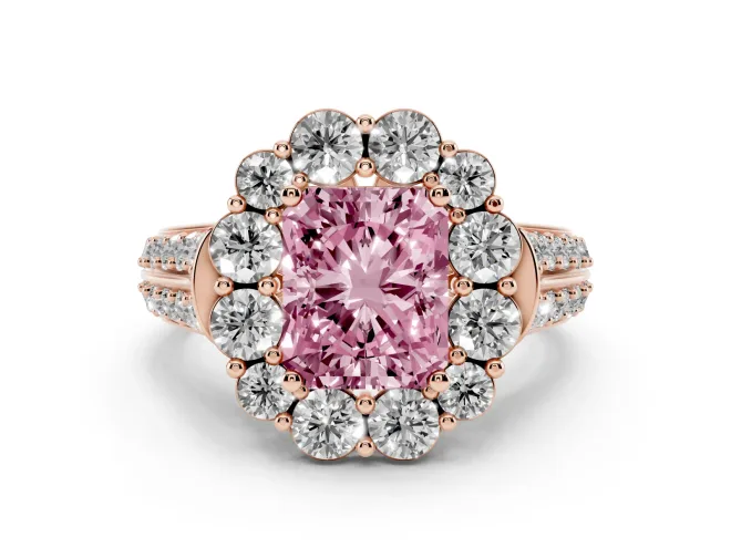 Radiant Cut Large Accent Halo Engagement Ring Setting for a Fancy Pink Lab-Grown Diamond | Rose Gold