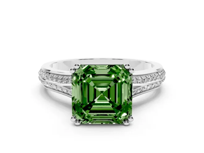 Asscher Cut Pavé Split Shank Engagement Ring Setting for a Fancy Green Lab-Grown Diamond | Double Claw Prongs | Platinum