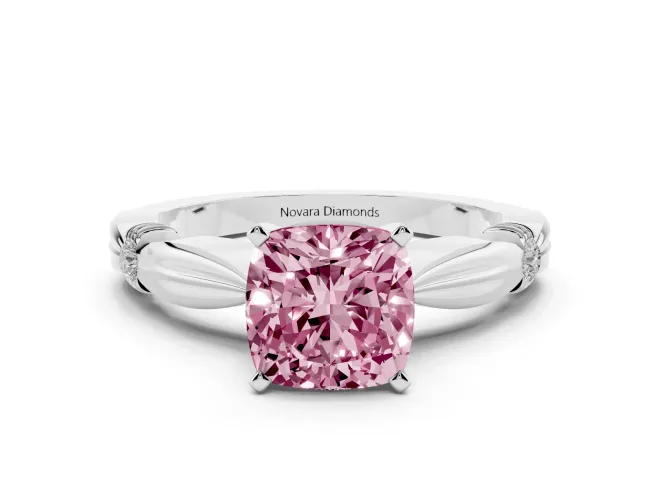 Fancy Pink Cushion Cut Diamond Solitaire Twisted Band Ring Set in White gold with Accent Stones and Prong Setting