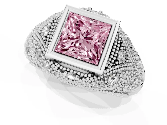 Fancy Pink Princess Cut Diamond Bezel Ring Set in White gold with Milgrain Accent Band – second view